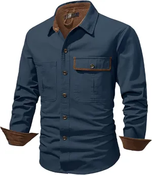 Men Cotton Shirt Casual Long Sleeve Metal Buttons Dress Shirts Stylish Colorblock Work Blouse Tees with Chest Pockets