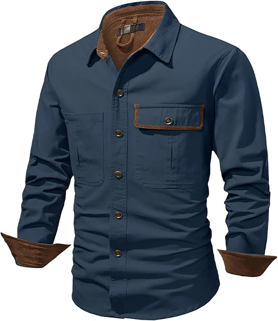 Men Cotton Shirt Casual Long Sleeve Metal Buttons Dress Shirts Stylish Colorblock Work Blouse Tees with Chest Pockets