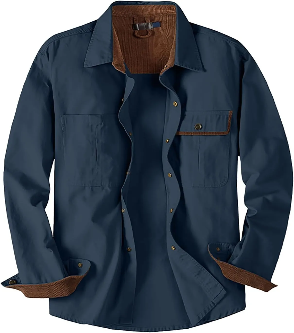 Men Cotton Shirt Casual Long Sleeve Metal Buttons Dress Shirts Stylish Colorblock Work Blouse Tees with Chest Pockets
