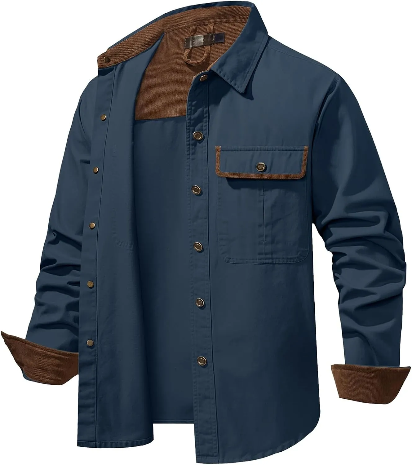 Men Cotton Shirt Casual Long Sleeve Metal Buttons Dress Shirts Stylish Colorblock Work Blouse Tees with Chest Pockets