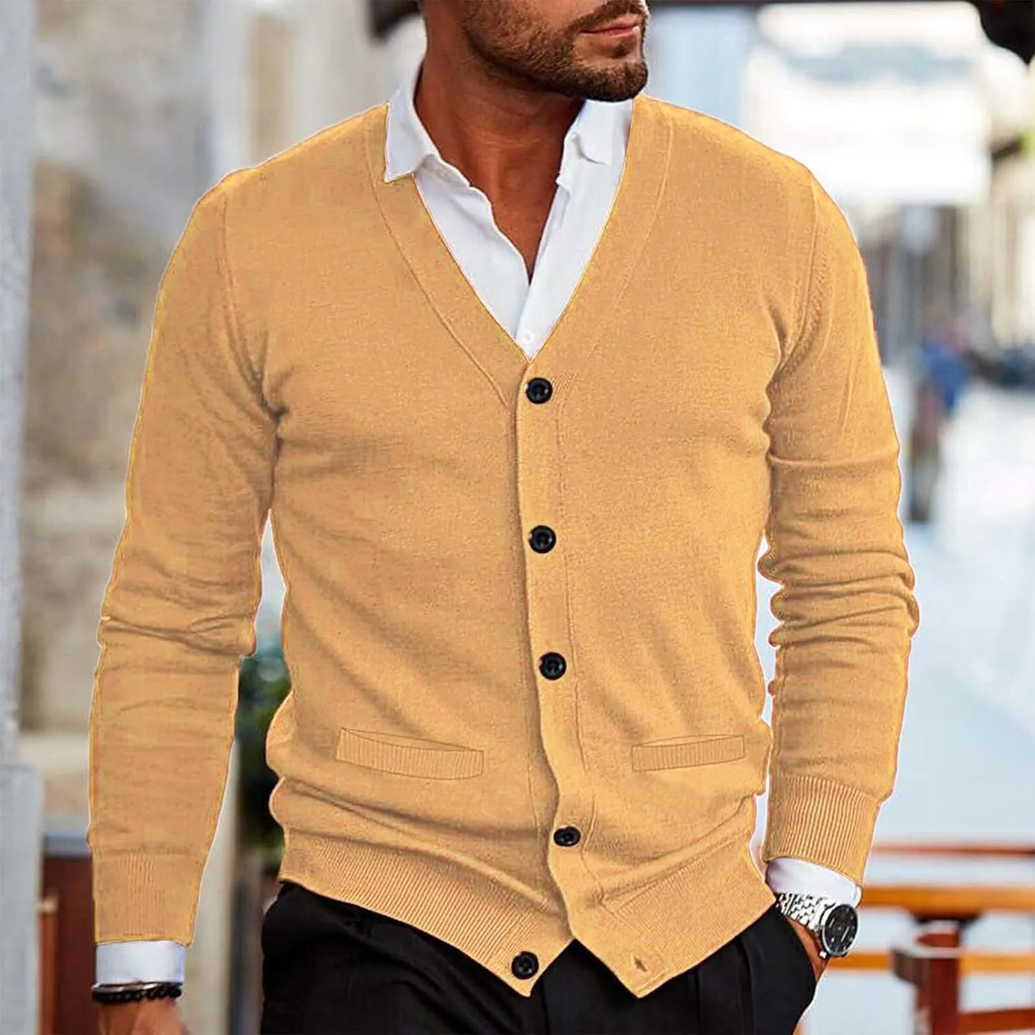 Mens Button Down Knitted Cardigan Sweaters V Neck Long Sleeve Slim Fit Casual Ribbed Knit Textured Sweater S-XXL