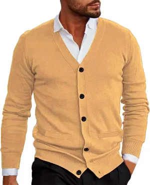 Mens Button Down Knitted Cardigan Sweaters V Neck Long Sleeve Slim Fit Casual Ribbed Knit Textured Sweater S-XXL