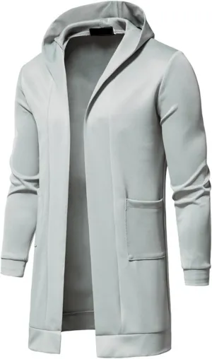 Mens Casual Long Cardigan Jacket Slim Fit Open Front Draped Lightweight Longline Hooded Sweater Coat with Pockets