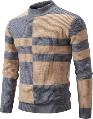 Mens Casual Turtleneck Sweaters Plus Size Trendy Colorblock Knitted Pullover Jumpers Fall Winter Warm Knitwear Tops