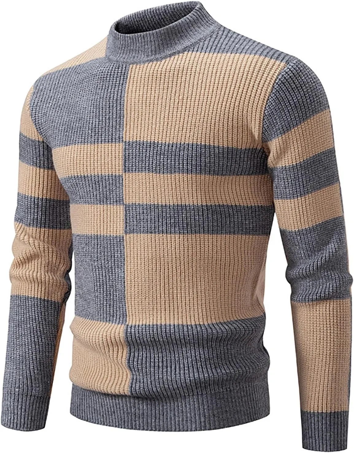 Mens Casual Turtleneck Sweaters Plus Size Trendy Colorblock Knitted Pullover Jumpers Fall Winter Warm Knitwear Tops