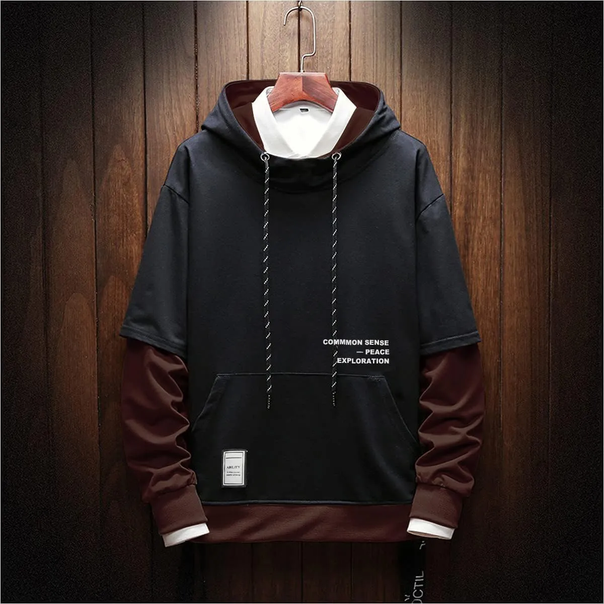 Mens Colorblock Pullover Casual Hoodie Hip Hop Tops Unisex Hooded Sweatshirt with Design