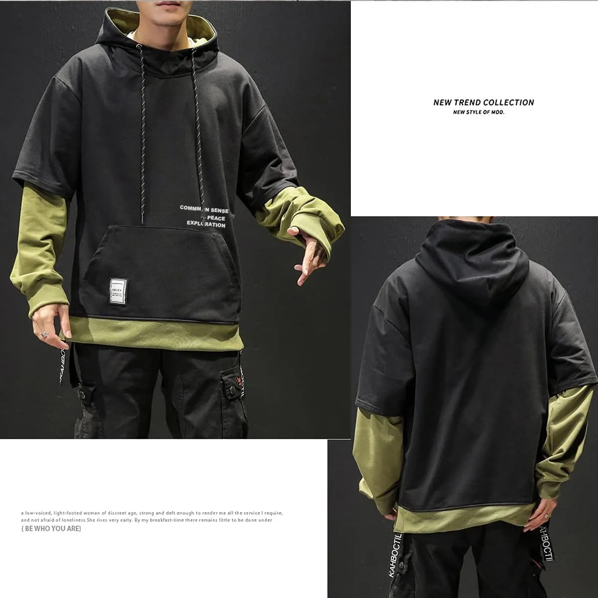 Mens Colorblock Pullover Casual Hoodie Hip Hop Tops Unisex Hooded Sweatshirt with Design