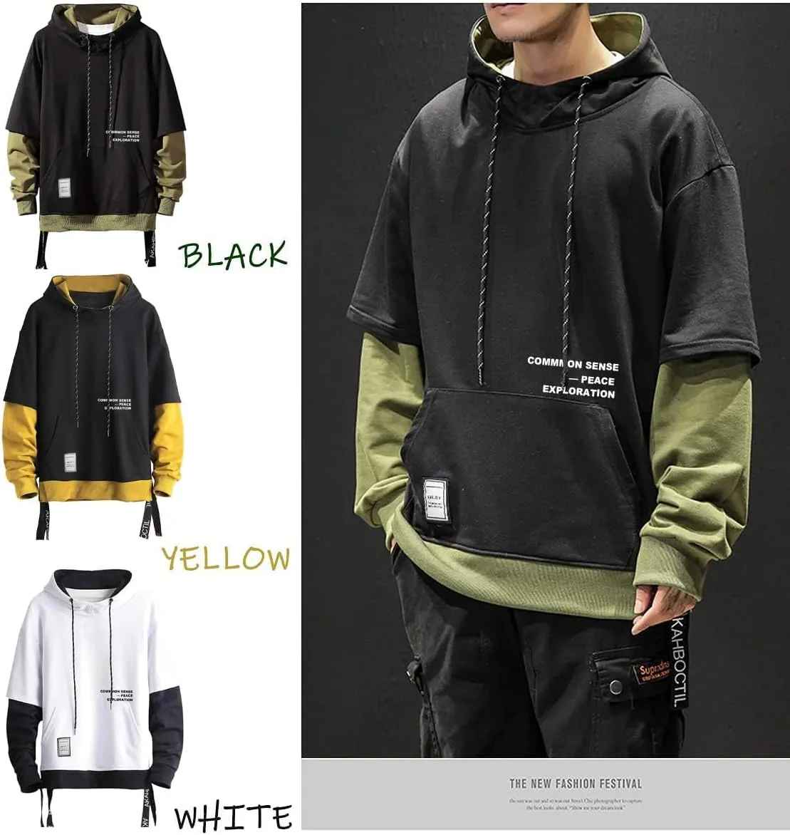 Mens Colorblock Pullover Casual Hoodie Hip Hop Tops Unisex Hooded Sweatshirt with Design