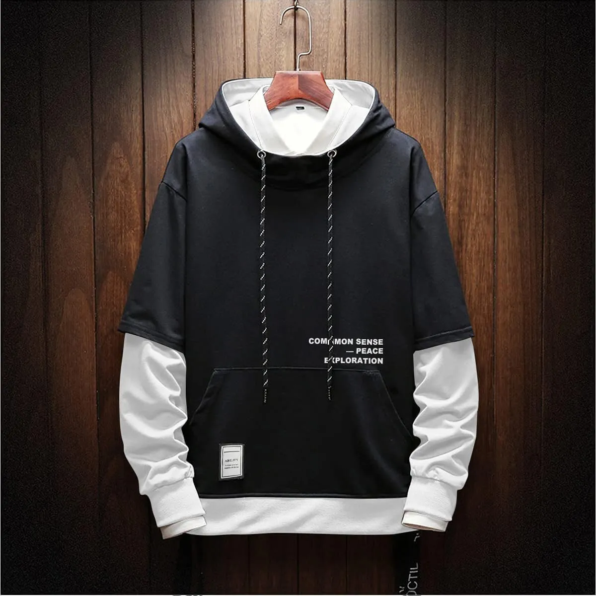 Mens Colorblock Pullover Casual Hoodie Hip Hop Tops Unisex Hooded Sweatshirt with Design