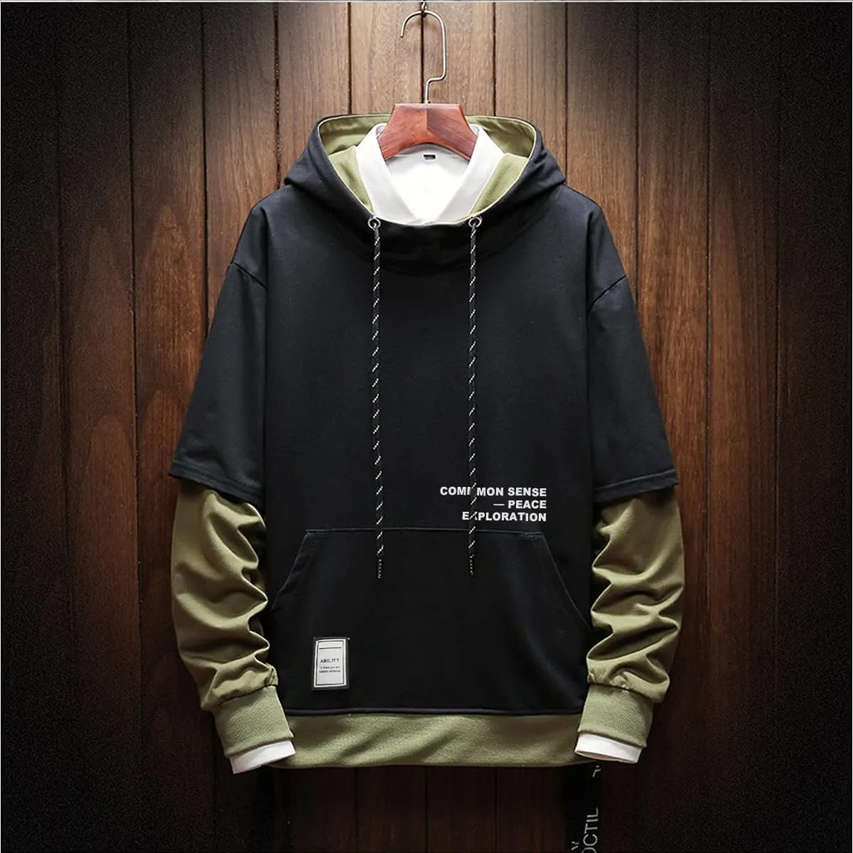Mens Colorblock Pullover Casual Hoodie Hip Hop Tops Unisex Hooded Sweatshirt with Design