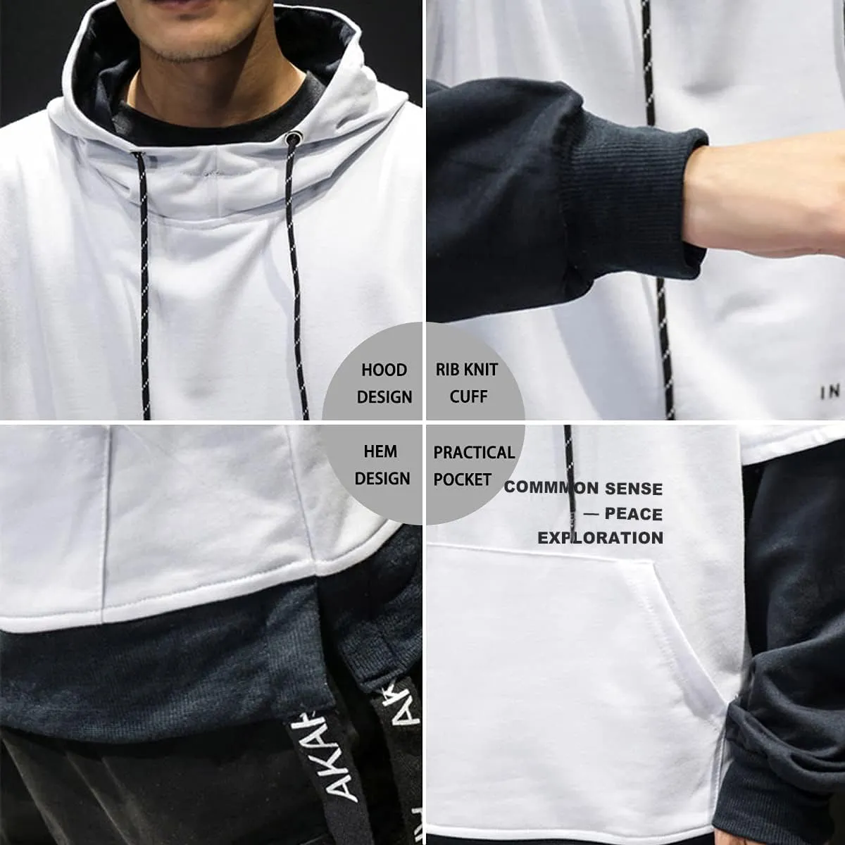 Mens Colorblock Pullover Casual Hoodie Hip Hop Tops Unisex Hooded Sweatshirt with Design
