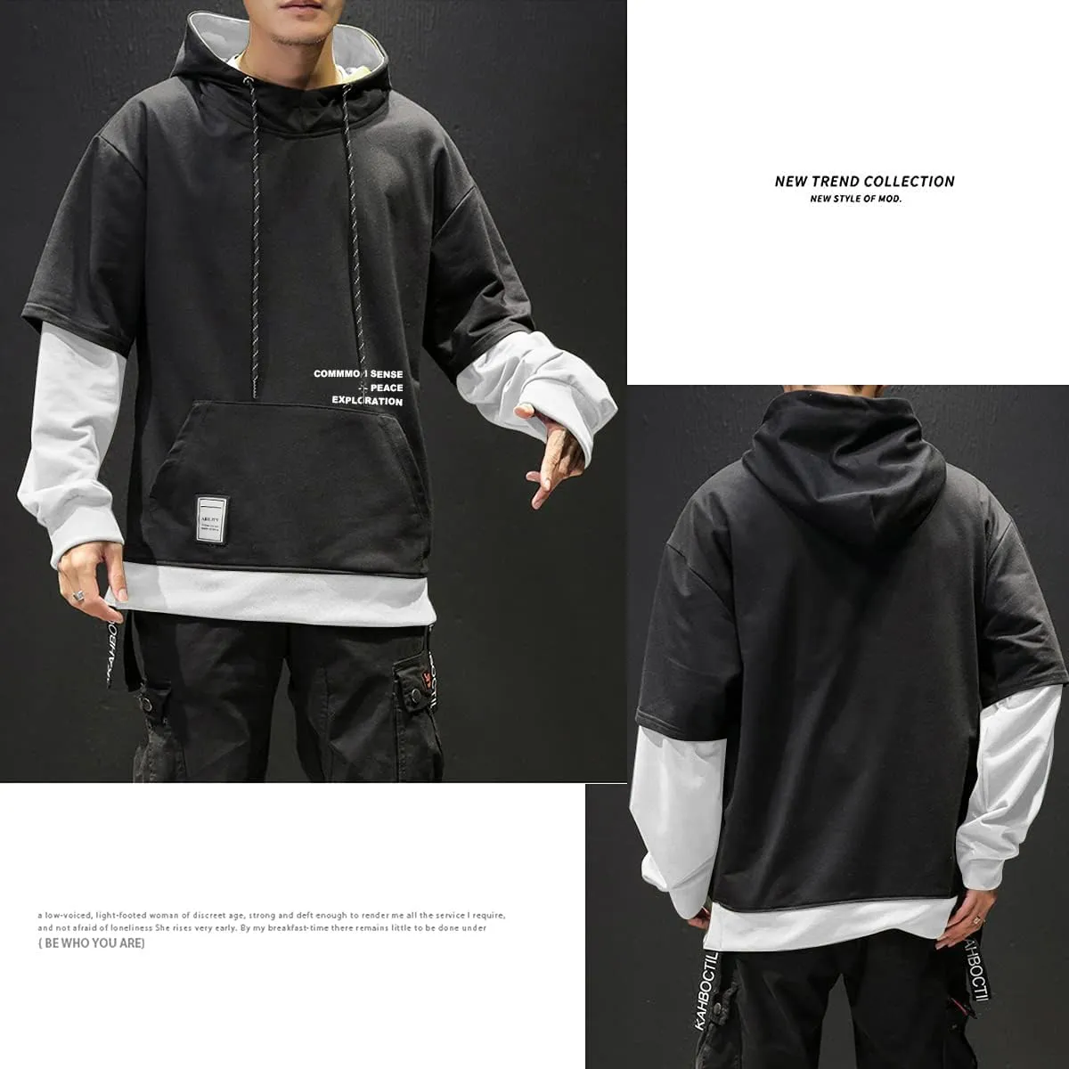 Mens Colorblock Pullover Casual Hoodie Hip Hop Tops Unisex Hooded Sweatshirt with Design