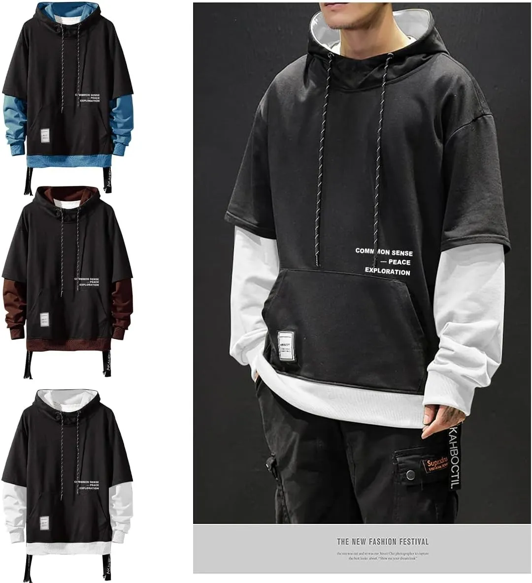 Mens Colorblock Pullover Casual Hoodie Hip Hop Tops Unisex Hooded Sweatshirt with Design