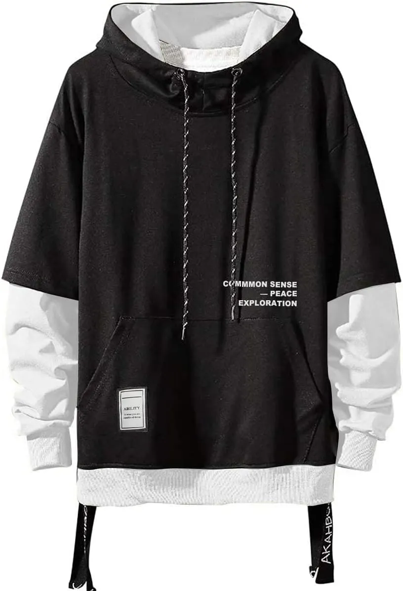 Mens Colorblock Pullover Casual Hoodie Hip Hop Tops Unisex Hooded Sweatshirt with Design