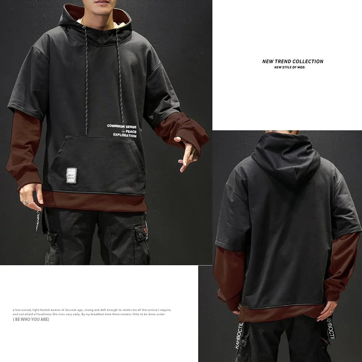 Mens Colorblock Pullover Casual Hoodie Hip Hop Tops Unisex Hooded Sweatshirt with Design