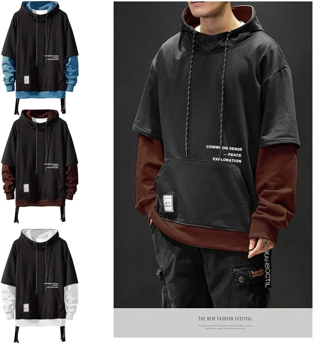 Mens Colorblock Pullover Casual Hoodie Hip Hop Tops Unisex Hooded Sweatshirt with Design