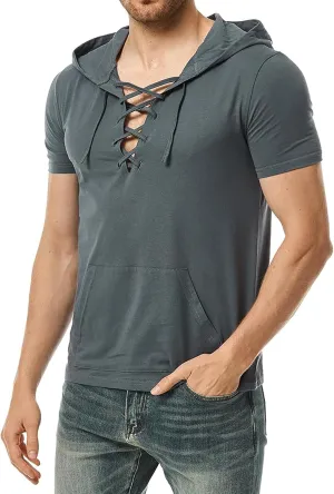 Men's Cotton Linen Hooded Shirts Summer Casual Short Sleeve Hoodies with Pocket for Renaissance Medieval Costume