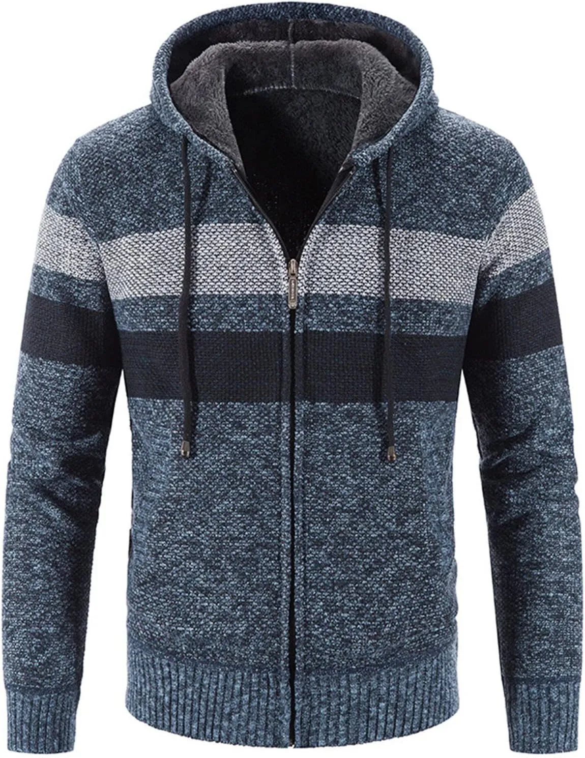 Men's Fleece Sweater Jackets Warm Zip Up Hooded Winter Coats Slim Fit Colorblock Padded Fuzzy Sherpa Jacket Hoodies