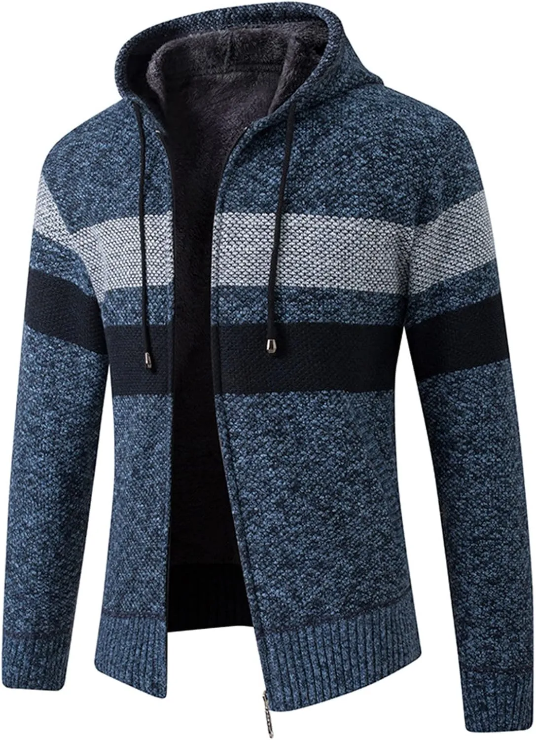 Men's Fleece Sweater Jackets Warm Zip Up Hooded Winter Coats Slim Fit Colorblock Padded Fuzzy Sherpa Jacket Hoodies