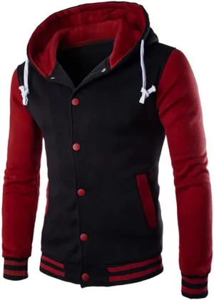 Men's Hooded Varsity Jacket,Slim Button Down Baseball Jacket Outwear Colorblock Casual Sports Drawstring Sweatshirts