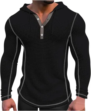 Mens Hoodies Pullover Casual Long Sleeve Drawstring Waffle Knit Hooded Sweatshirt Bodybuilding Muscle Shirt