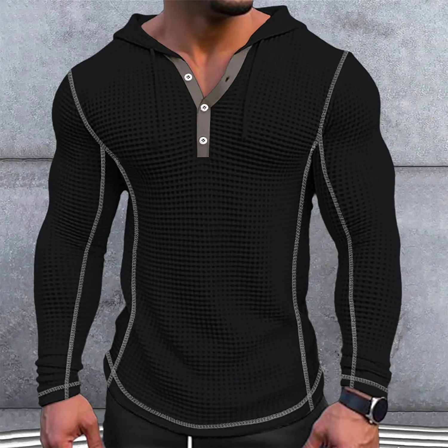 Mens Hoodies Pullover Casual Long Sleeve Drawstring Waffle Knit Hooded Sweatshirt Bodybuilding Muscle Shirt