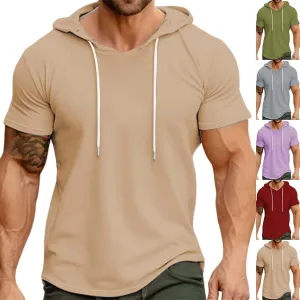 Mens Hoodies T-Shirts Slim Fit Short Sleeve Casual Lightweight Drawstring Hooded Muscle Shirts Workout Gym Sweatshirt