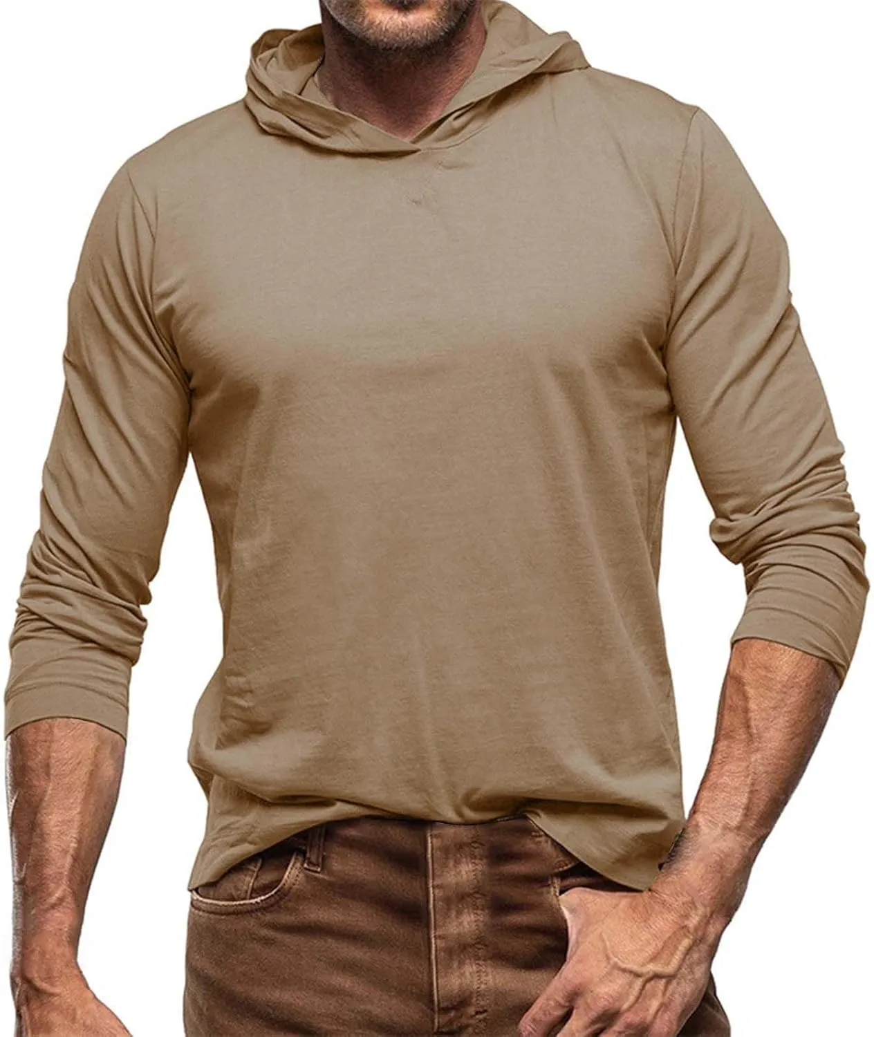 Men's Lightweight Hoodie Fashion Athletic Gym Workout Long Sleeve Pullover Tops Sport Running Solid Color Sweatshirt