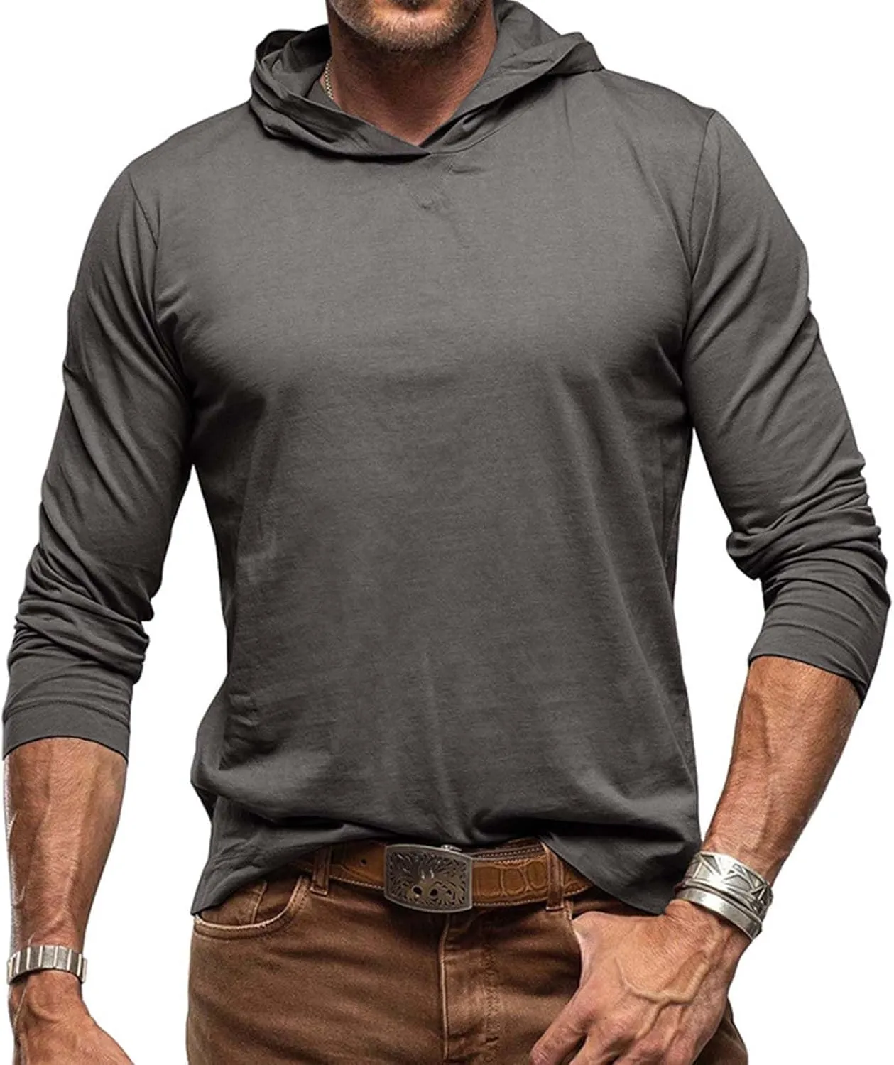 Men's Lightweight Hoodie Fashion Athletic Gym Workout Long Sleeve Pullover Tops Sport Running Solid Color Sweatshirt