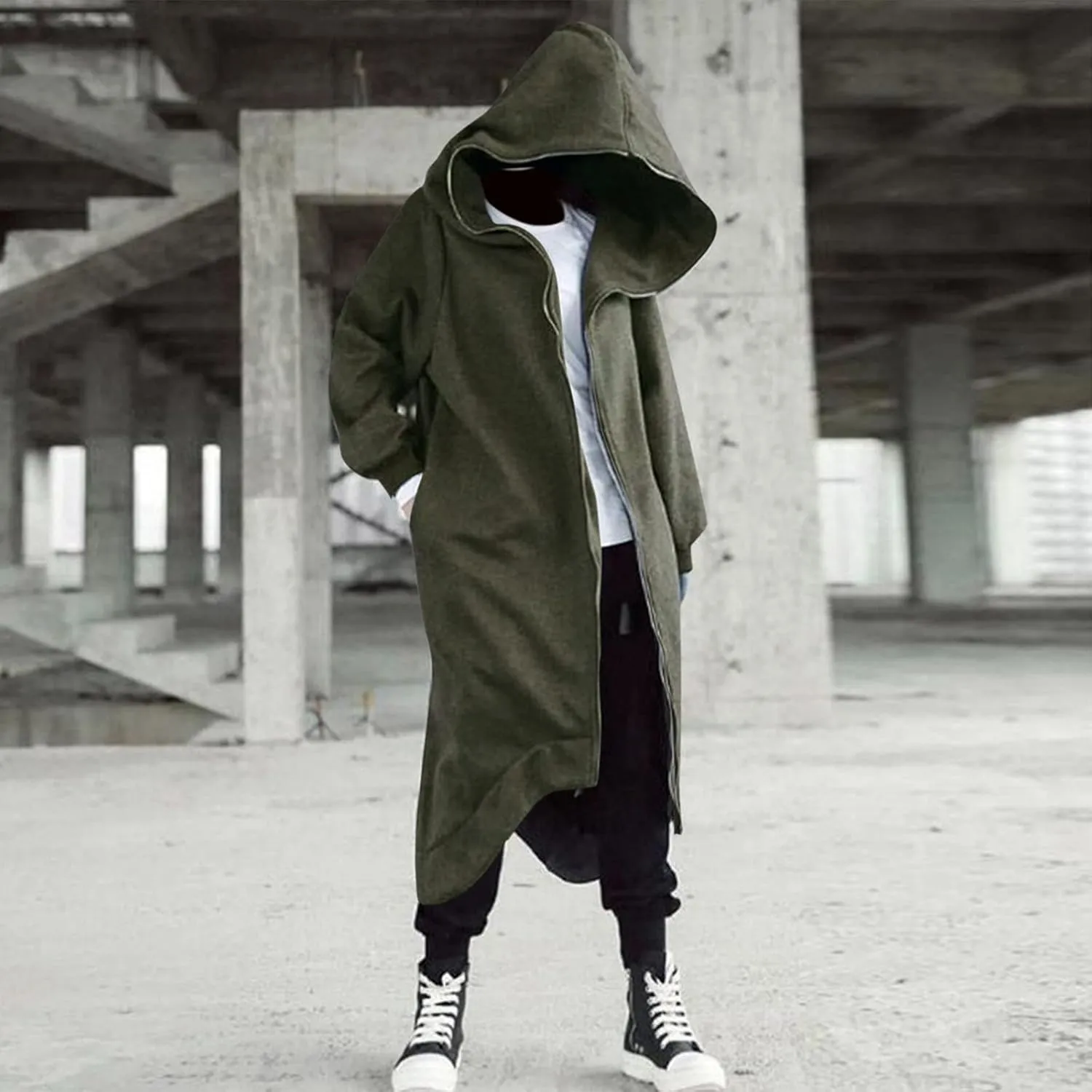Men's Longline Hoodies Zip Up Dark Style Full Body Hooded Sweatshirts Casual Oversized Vintage Long Jacket with Pockets