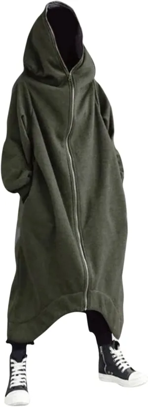 Men's Longline Hoodies Zip Up Dark Style Full Body Hooded Sweatshirts Casual Oversized Vintage Long Jacket with Pockets