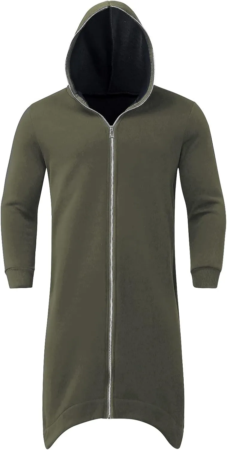 Men's Longline Hoodies Zip Up Dark Style Full Body Hooded Sweatshirts Casual Oversized Vintage Long Jacket with Pockets