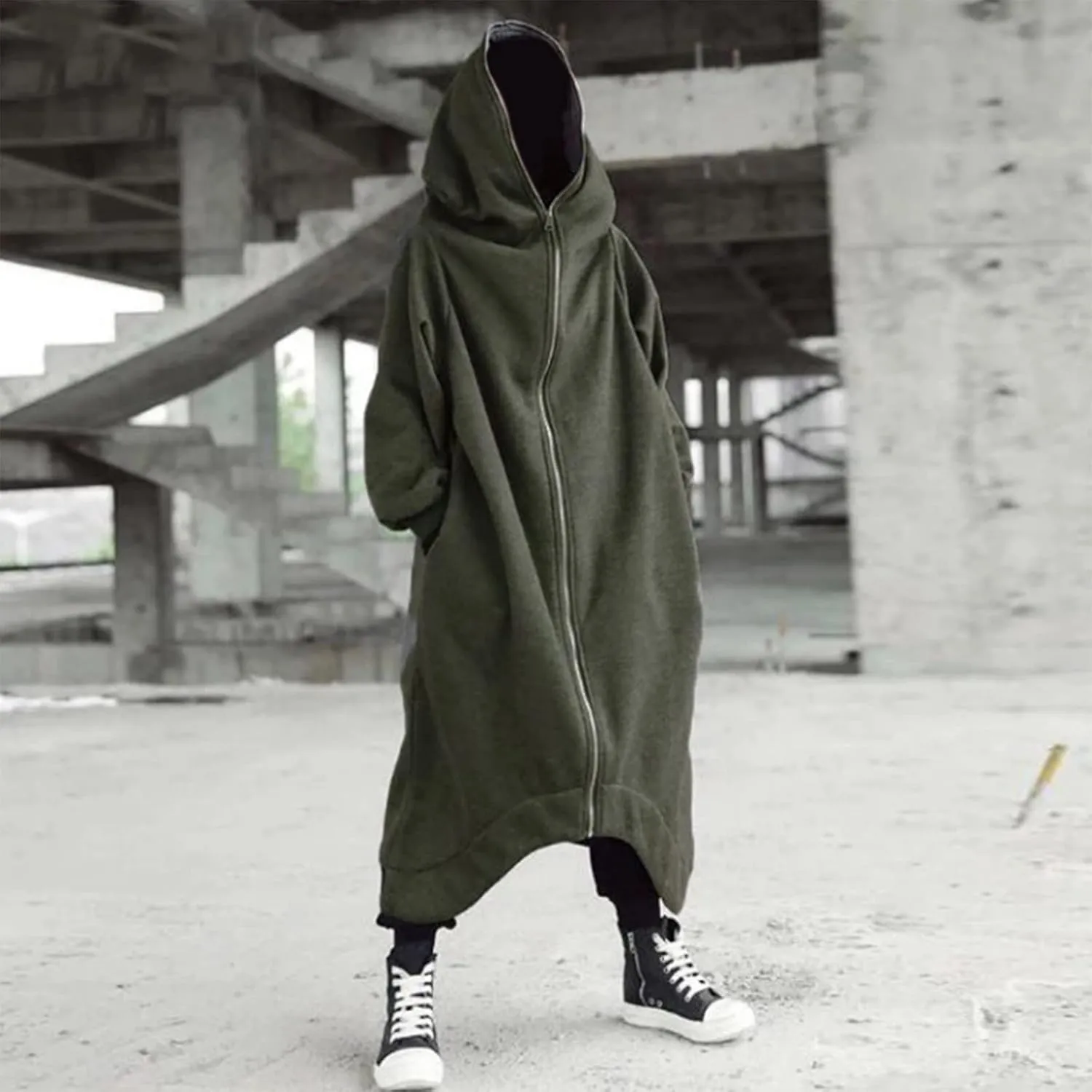 Men's Longline Hoodies Zip Up Dark Style Full Body Hooded Sweatshirts Casual Oversized Vintage Long Jacket with Pockets