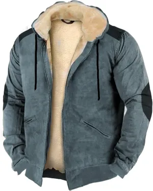 Mens Retro Cotton Fleece Coats Zip Up Thick Sherpa Lined Hooded Jacket Winter Warm Shealing Work Cargo Jackets S-4XL