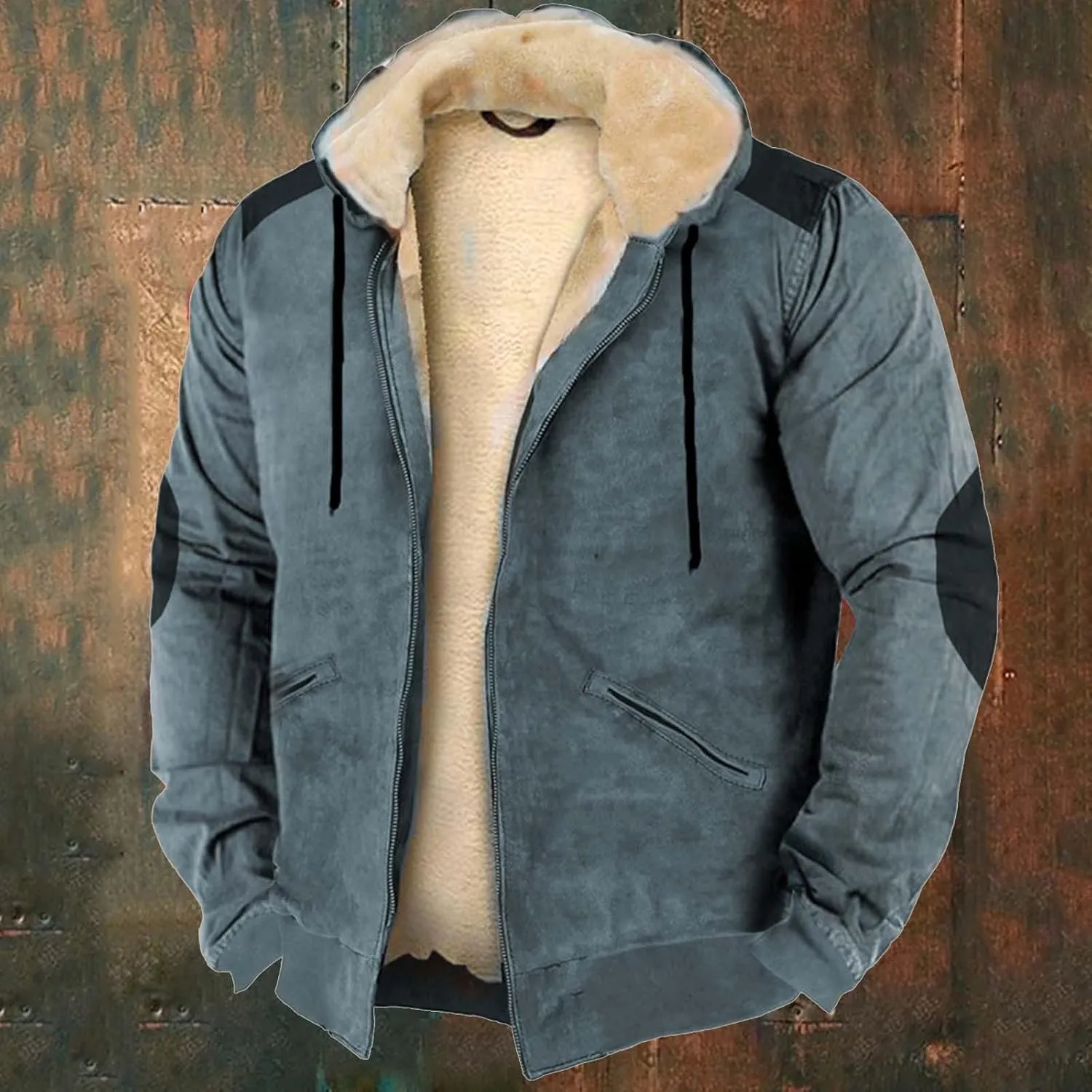 Mens Retro Cotton Fleece Coats Zip Up Thick Sherpa Lined Hooded Jacket Winter Warm Shealing Work Cargo Jackets S-4XL