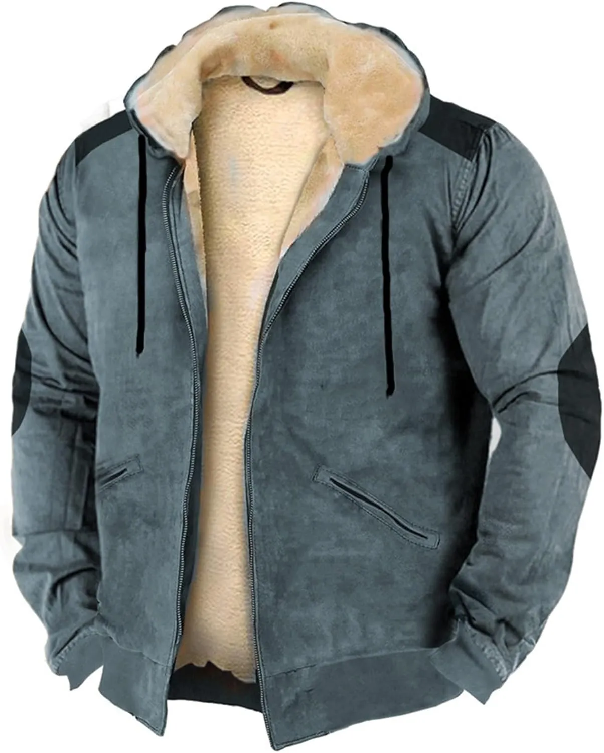 Mens Retro Cotton Fleece Coats Zip Up Thick Sherpa Lined Hooded Jacket Winter Warm Shealing Work Cargo Jackets S-4XL