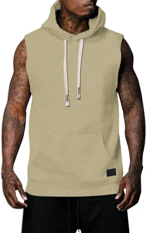Men's Sleeveless Hoodies Solid Color Jacquard Stylish Sweatshirts Gym Fitness Workout Pullover Tank Tops with Pockets