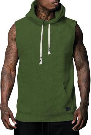Men's Sleeveless Hoodies Solid Color Jacquard Stylish Sweatshirts Gym Fitness Workout Pullover Tank Tops with Pockets
