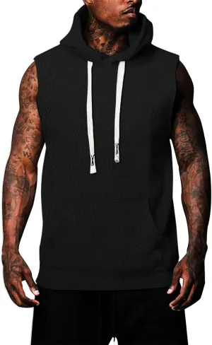 Men's Sleeveless Hoodies Solid Color Jacquard Stylish Sweatshirts Gym Fitness Workout Pullover Tank Tops with Pockets