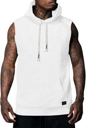 Men's Sleeveless Hoodies Solid Color Jacquard Stylish Sweatshirts Gym Fitness Workout Pullover Tank Tops with Pockets