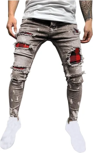 Men's Slim Fit Stretch Jeans Distressed Patchwork Stacked Frayed Straight Leg Skinny Denim Pants Full Length Trousers