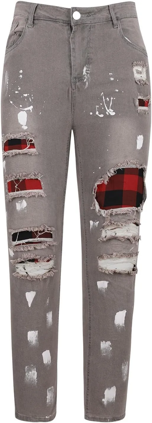 Men's Slim Fit Stretch Jeans Distressed Patchwork Stacked Frayed Straight Leg Skinny Denim Pants Full Length Trousers