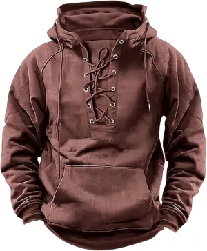 Mens Tactical Sweatshirts Lace Up Aztec Hooded Pullover Long Sleeve Cargo Workout Outdoor Hoodies with Pocket
