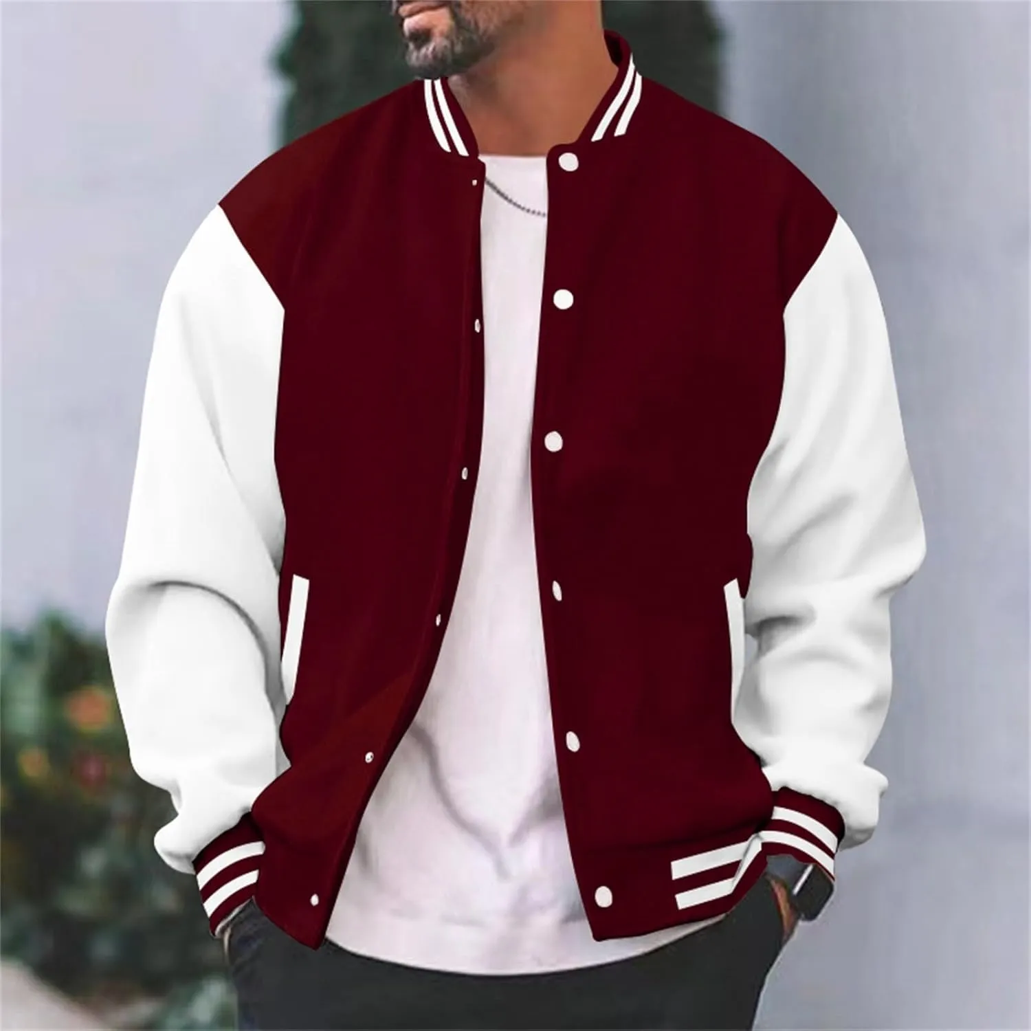 Mens Varsity Jacket Fashion Long Sleeve Button Colorblock Casual Coat Plus Size College Baseball Outwear with Pockets