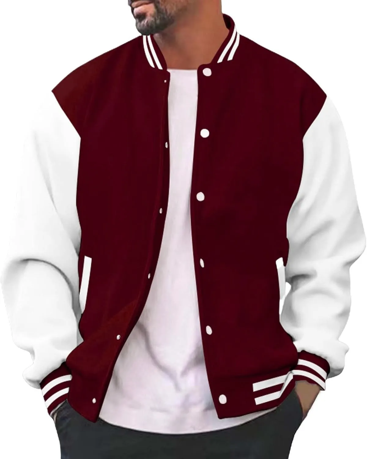 Mens Varsity Jacket Fashion Long Sleeve Button Colorblock Casual Coat Plus Size College Baseball Outwear with Pockets