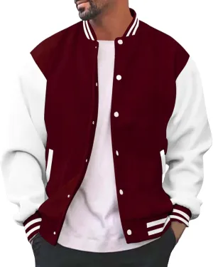 Mens Varsity Jacket Fashion Long Sleeve Button Colorblock Casual Coat Plus Size College Baseball Outwear with Pockets