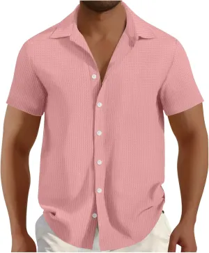 Men's Waffle Shirt Short Sleeve Button Down Shirts Summer Casual Beach Vacation Shirts Textured Wrinkle Free Shirt