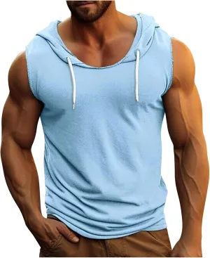 Men's Workout Drawstring Hoodies Trendy Muscle Cut Off T Shirt Summer Sleeveless Running Athletic Hooded Tank Tops
