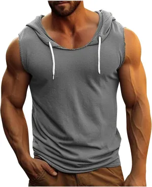 Men's Workout Drawstring Hoodies Trendy Muscle Cut Off T Shirt Summer Sleeveless Running Athletic Hooded Tank Tops