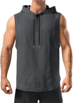Mens Workout Hooded Tank Tops Summer Training Sports Sleeveless Hoodies Gym Bodybuilding Cut Off Muscle T Shirts